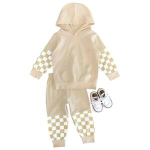 NEW KIDSCHARM unisex checkered hoodie with matching joggers set in cream